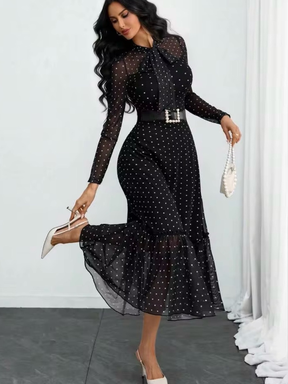 New Women’s Retro Black Polka Dot Sheer Sleeve Ruffle Hem Dress Layered XL